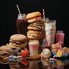 Unhealthy Food A Tempting Still Life of Burgers, Shakes, and Sweets, Perfect for Mockups