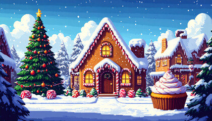 ピクセルアートのクリスマスのお菓子の家 | Pixel art Christmas gingerbread house Generative AI