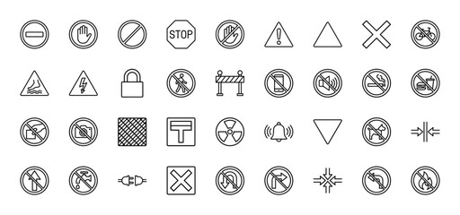 Safety and prohibition warning line icon set. Vector pictograms of stop, ban, caution, radiation, no entry, smoking, fire, water, and traffic signs, thin outline illustration.
