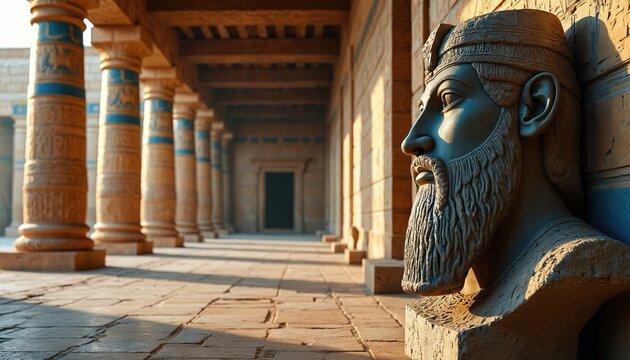 Ancient Assyrian king bust with beard. Stone sculpture in Mesopotamian palace hallway with columns. Historic bas-relief art and architecture.