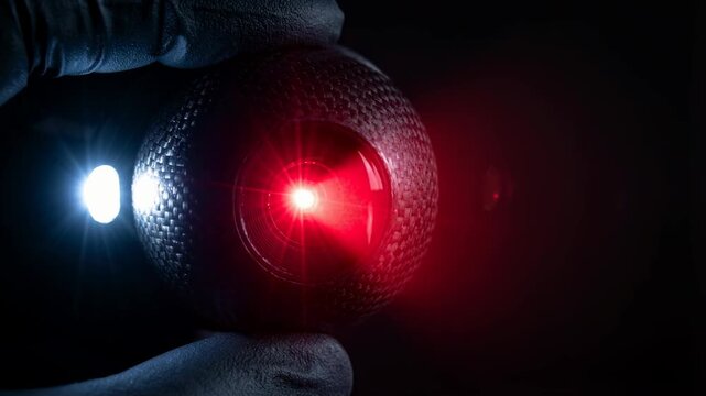 Handheld inspection camera lens emits a focused red laser beam against a dark background. A gloved hand grips the textured body and reveals the optical glass and LED glow. Used in surveillance and ind