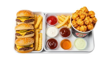 Fast food tray with beef sliders chicken popcorn and assorted dipping sauces isolated on white background