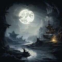 Mystical Moonlight Landscape with Ancient Pagoda A Hauntingly Beautiful Fantasy Scene