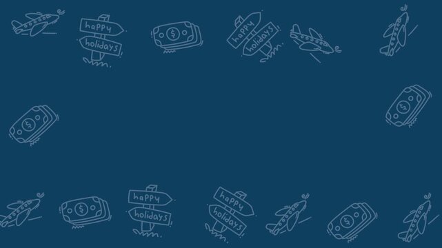 Travel themed doodle border on deep blue background for holidays