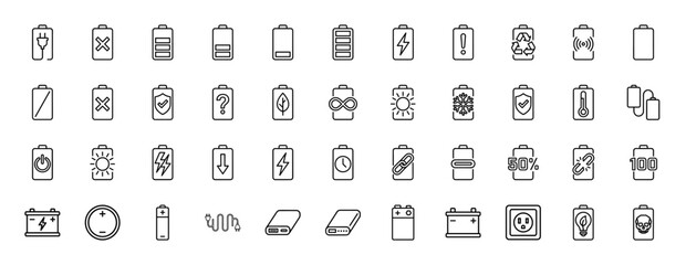 Battery and power line icon set. Vector pictograms of charging, energy level, electric plug, renewable solar, power bank, and recycling, thin outline illustration.