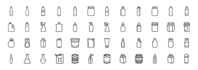 Packaging and liquid container line icon set. Vector pictograms of bottles, jars, cans, spray, pump, carton, tube, barrel, flask, and pouch, thin outline illustration.