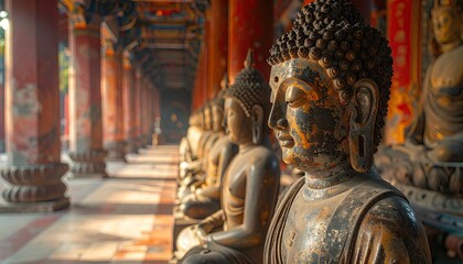 Row of Gilded Buddha Statues in a Temple Corridor with Soft Sunlight Filtering Through Columns