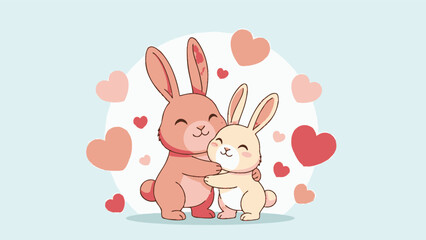 Fototapeta premium Cute Cartoon Rabbits Hugging with Hearts.