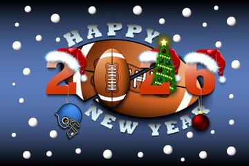 Happy new year. 2026 with football ball. Numbers in Christmas hats with football helmet and Christmas tree ball. Original template design for greeting card. Vector illustration on isolated background