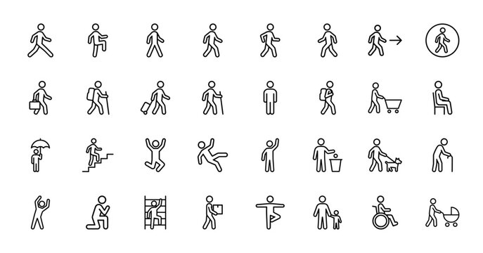 Human activity and lifestyle line icon set. Vector pictograms of people walking, hiking, climbing, sitting, falling, and pushing a stroller, thin outline illustration.