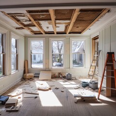 Interior Remodel Room with Exposed Ceiling, Ladders, and Construction Debris Shows Progress