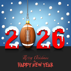 Merry Christmas and Happy New Year. Number 2026 and football ball as a Christmas decorations hanging on strings amid falling snow on a mirror surface. Pattern for greeting card. Vector illustration
