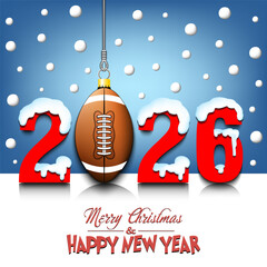 Merry Christmas and Happy New Year. Number 2026 and football ball as a Christmas decorations hanging on strings amid falling snow on a mirror surface. Pattern for greeting card. Vector illustration