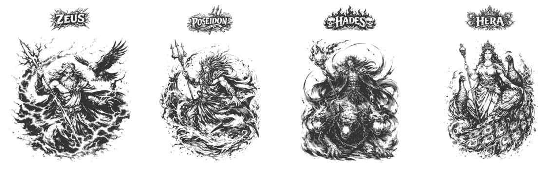 Powerful Greek Gods Vector Illustration Set Featuring Zeus Poseidon Hades and Hera in a Detailed Hand Drawn Engraving Style for Mythology Design Themes.
