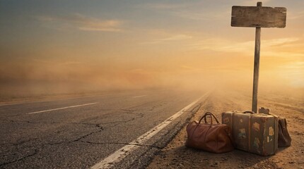 Luggage on deserted road at sunrise travel bag on empty highway.