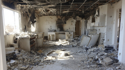 Burned kitchen interior ash debris charred wall ceiling ruined appliance tragic scene
