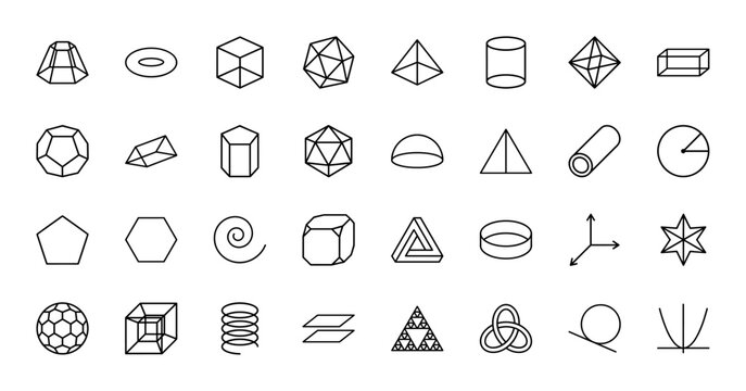 Mathematics and geometry line icon set. Vector pictograms of cube, pyramid, cylinder, sphere, dodecahedron, fractal, spiral, and torus, thin black outline illustration.
