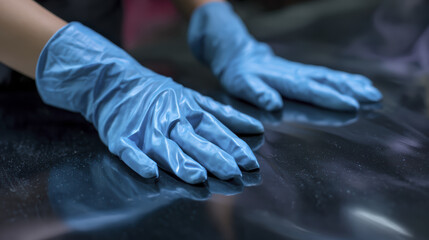 Hand glove blue protective cleaning surface safety worker detail metal hygiene industrial work polish reflection closeup inspection maintenance