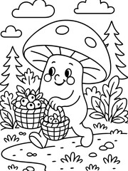 Obraz premium Cheerful Mushroom's Harvest: An endearing illustrated mushroom figure joyfully gathers berries, amidst a lush forest landscape. with baskets filled and a radiant smile.