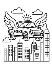 Naklejka premium Flying Police Car over City: A whimsical illustration depicts a police car soaring through the cityscape with wings, signifying safety and security. This illustration brings a dynamic scene