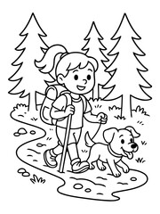 Fototapeta premium Hiking Adventure with Companion: A cheerful cartoon depicts a young person on a scenic hiking trail, accompanied by a loyal dog, creating a scene of outdoor exploration and friendship.