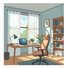 Obraz premium Cozy Home Office with Laptop, Desk, Chair, and Bookshelf - Natural Light