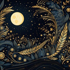 Enchanted Midnight Garden Golden Flora Under a Celestial Moon, Whimsical Nightscape Artwork