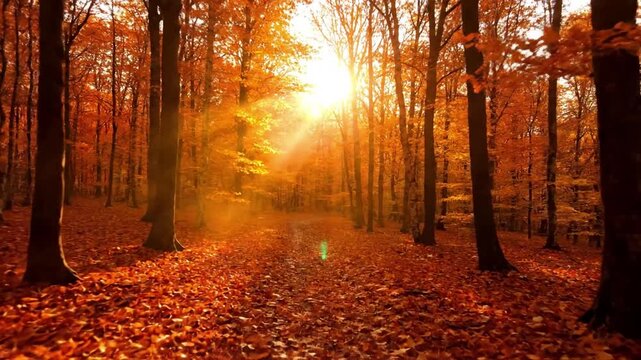 Autumn Forest Path amber glow Warm amber sunlight filtering through a canopy of fall leaves onto a winding forest path, creating - Powered by Adobe