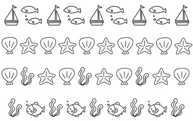 Hand-drawn monochrome decorative lines set, cute marine icons/手描き風 モノクロ線画 海モチーフの装飾ライン4本セット
