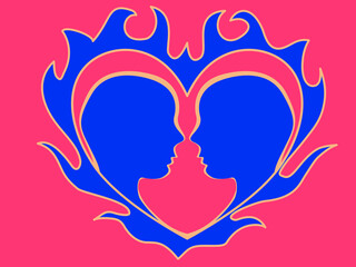 The silhouette of a couple in a burning heart. Couple in love consumed by passion. Concept of intensity, desire and obsession. Intense love.