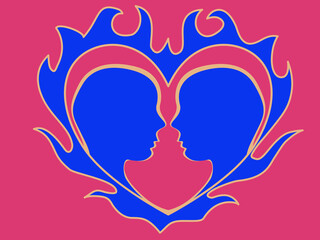 The silhouette of a couple in a burning heart. Couple in love, emotion. Vector illustration. Love in flames.