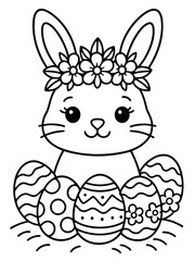 Fototapeta premium Easter Bunny Delight: An adorable bunny adorned with a floral crown, nestled amongst vibrantly decorated Easter eggs. This image evokes feelings of joy and celebration.