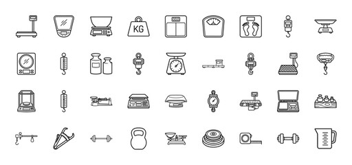 Weight and measurement line icon set. Vector pictograms of kitchen scales, bathroom scales, spring balances, dumbbells, and industrial weighing tools, outline illustration.