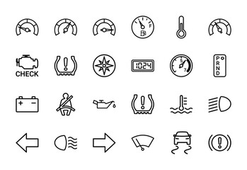 Fototapeta premium Automotive dashboard line icon set. Vector pictograms of speedometer, fuel gauge, engine, battery, oil, tire pressure, and lights, thin outline illustration.