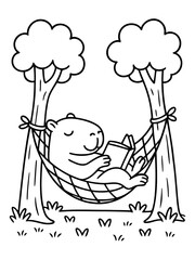 Obraz premium Cozy Read in Hammock: An adorable capybara finds solace in a hammock strung between two trees, engrossed in a captivating book, evoking a sense of tranquility.
