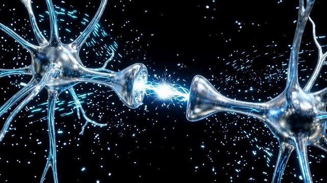 Neurons connect through synapses with electrical and chemical signals visible as glowing transmission between cells. High-contrast blue lighting and particle effects convey activity and network commun