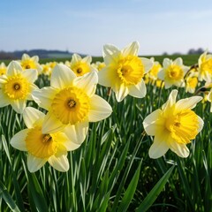 Obraz premium Daffodils in radiant spring bloom under a serene sky creating a vibrant meadow scene