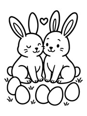 Obraz premium Easter Bunnies in Love: Adorable cartoon bunnies sharing a sweet moment of affection amidst Easter eggs, symbolizing love, springtime, and new beginnings.