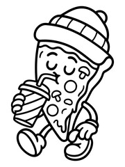 Pizza Slice Chilling Out: A whimsical pizza slice, adorned with a cozy hat and holding a refreshing drink, embodies a laid-back, joyful mood, and conveys the simple pleasure of chilling out.