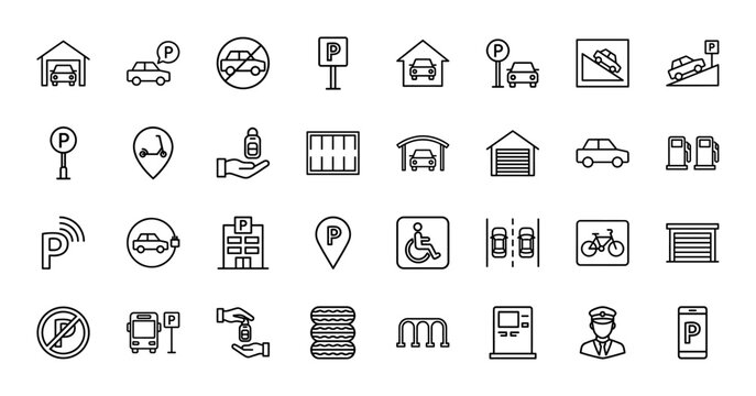 Parking line icon set featuring vector pictograms of garage, car, valet service, electric charging station, permit signs and gasoline pumps, thin outline illustration.