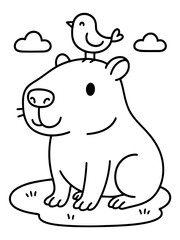 Fototapeta premium Friendly Capybara and Bird: In a minimalist illustration, a charming capybara is perched happily with a small bird on top of its head, creating a scene of friendship and serenity.