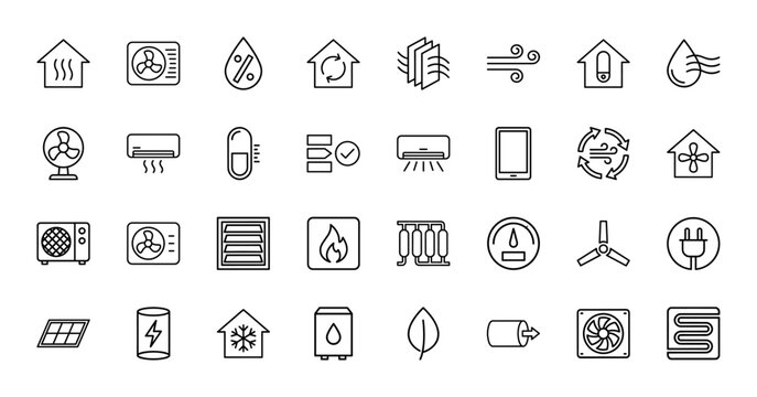 Hvac line icon set. Vector pictograms of air conditioning, heater, fan, filter, ventilation, thermometer, radiator and thermostat, thin outline illustration.
