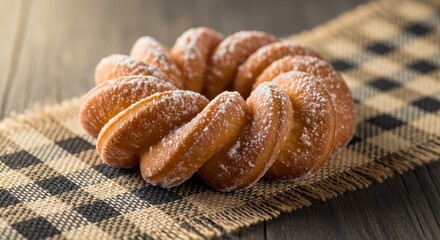 Delectable crown donut adorned with powdered sugar resting on rustic burlap fabric textures