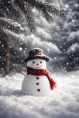 Fototapeta premium A cheerful snowman with a red scarf stands in falling snow beneath pine branches.