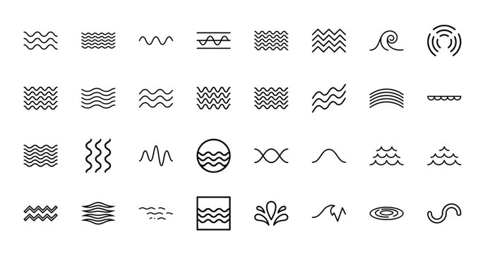Water wave and ocean line icon set. Vector pictograms of sea ripples, river currents, splashes, liquid flow, surf, and aquatic movement, thin outline illustration.