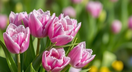 Fototapeta premium Delicate pink tulip blossoms with intricately fringed edges grace a vibrant garden setting