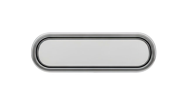 3D Blank rounded rectangular button with metallic silver border on transparent background