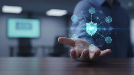 Artificial intelligence cyber security protection warfare digital data defense shield interface technology hologram privacy concept over businessman - Powered by Adobe