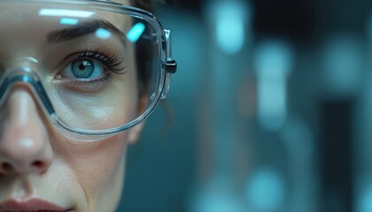 Woman scientist looks through safety goggles in modern lab. Researcher works with futuristic tech, exploring new discoveries. Close-up of eye shows focus and determination.