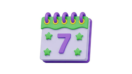 3D Calendar Icon with Number 7 and Stars on transparent background